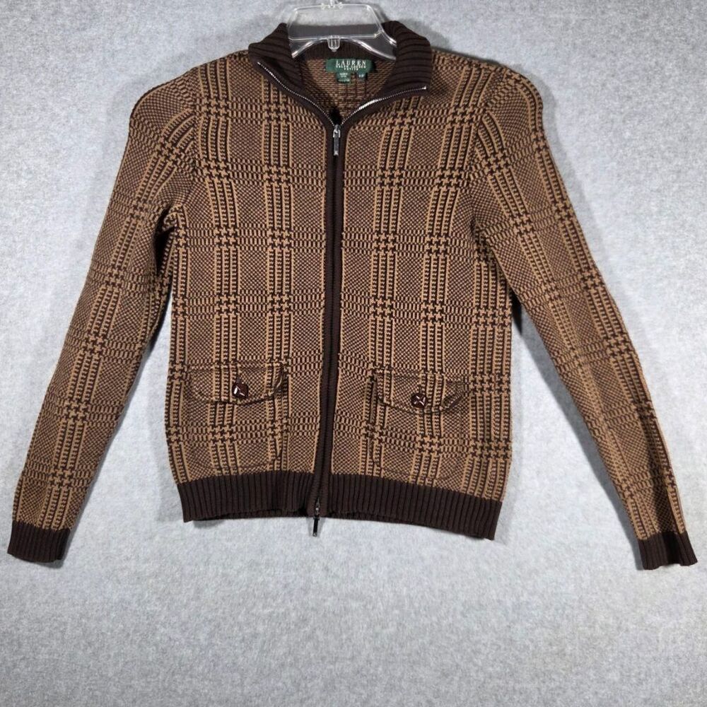 Lauren Ralph Lauren Petite P/P Brown Plaid Full Zip Cotton Sweater Jacket